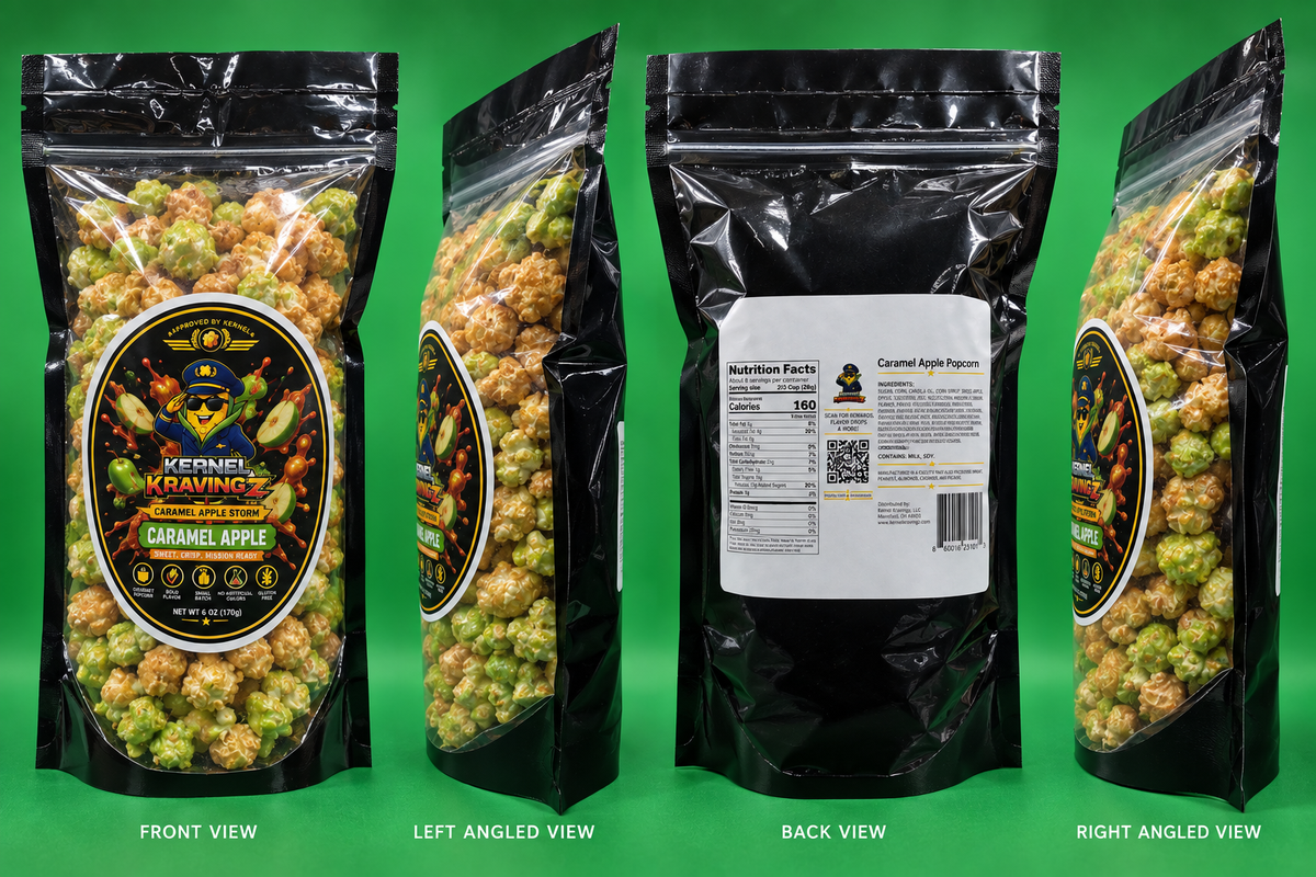Four views of a black resealable stand-up pouch of Kernel Flakes caramel apple popcorn on a bright green background, showing front, left angled, back, and right angled views with product name and nutrition facts visible.