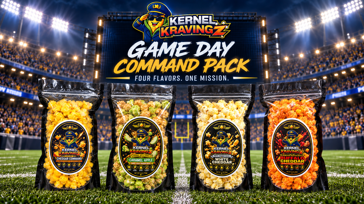 Kernel Kravingz Game Day Command Pack featuring four popcorn flavors in a football stadium